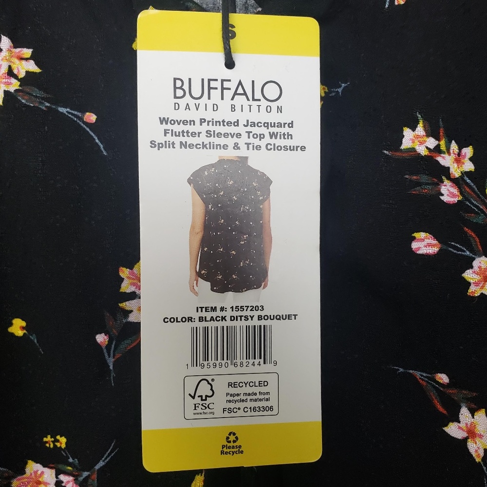 Buffalo David Bitton Black Floral Printed Flutter Sleeve Tunic Top - Picture 7 of 9